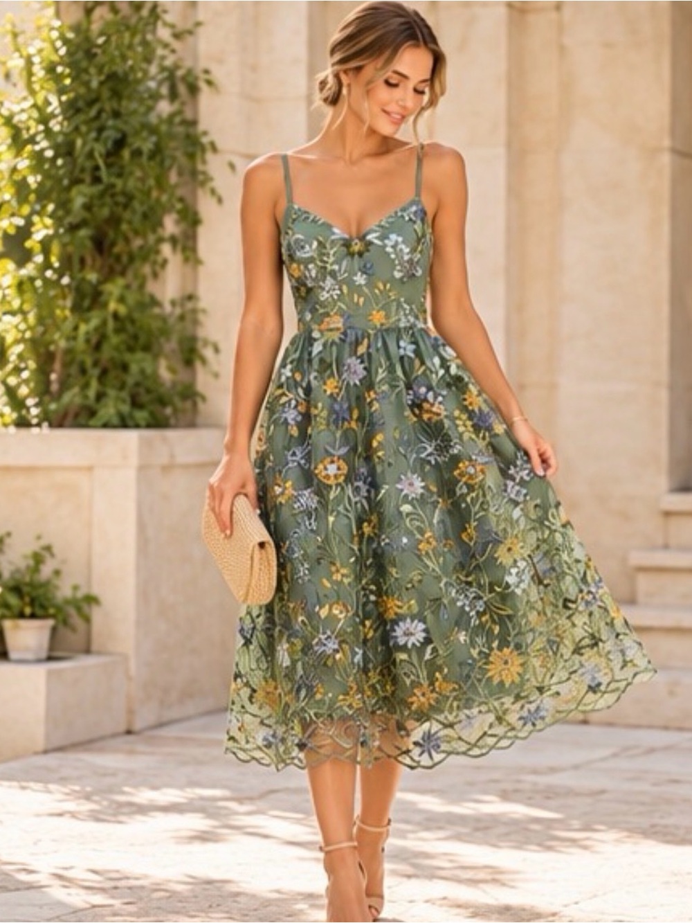 Dress the Population Olive Green Floral Midi Dress with Spaghetti Straps